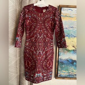 HAUTE HIPPIE Dress Womens Size 0 Wine Embroidered Peacocks Flowers Lined
